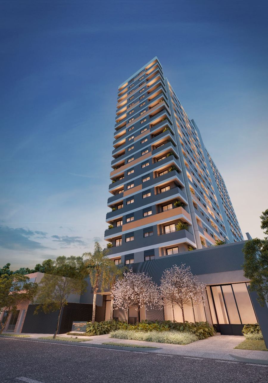 Fachada de empreendimento residencial em São Paulo ao entardecer